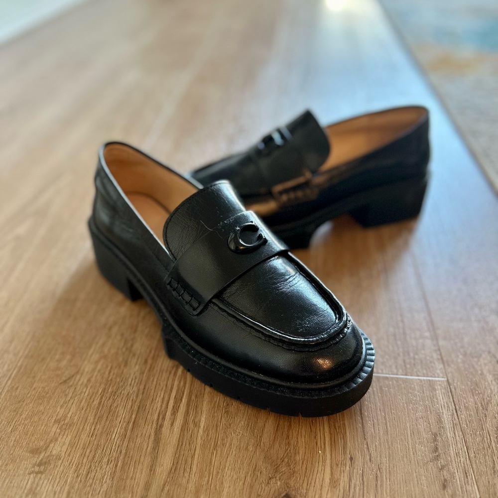 coach leah leather lug sole block heel loafers